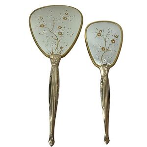 Vintage Vanity Set Mirror & Nylon Brush Made In USA Gold Tone Filligree